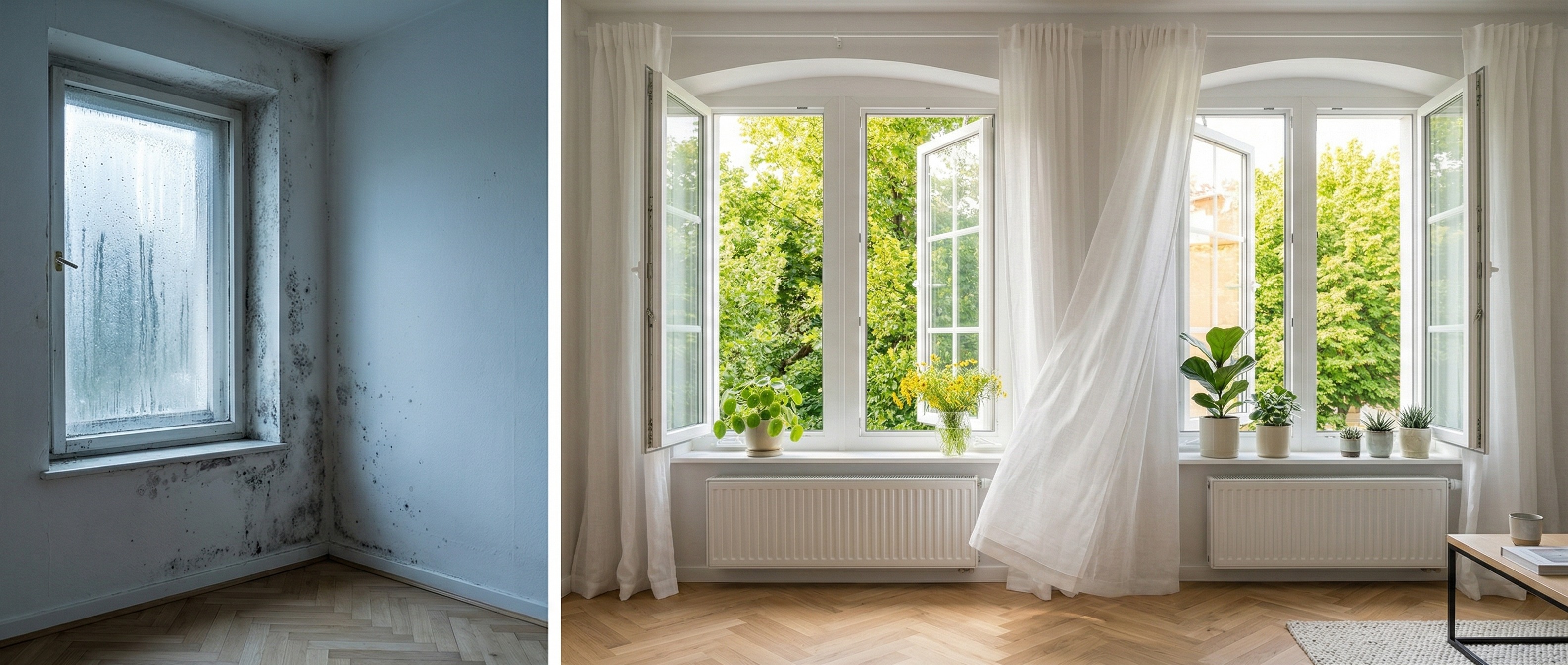 Links: Fenster mit Schimmelbefall. Rechts: Weit geöffnete Fenster mit frischer Luft