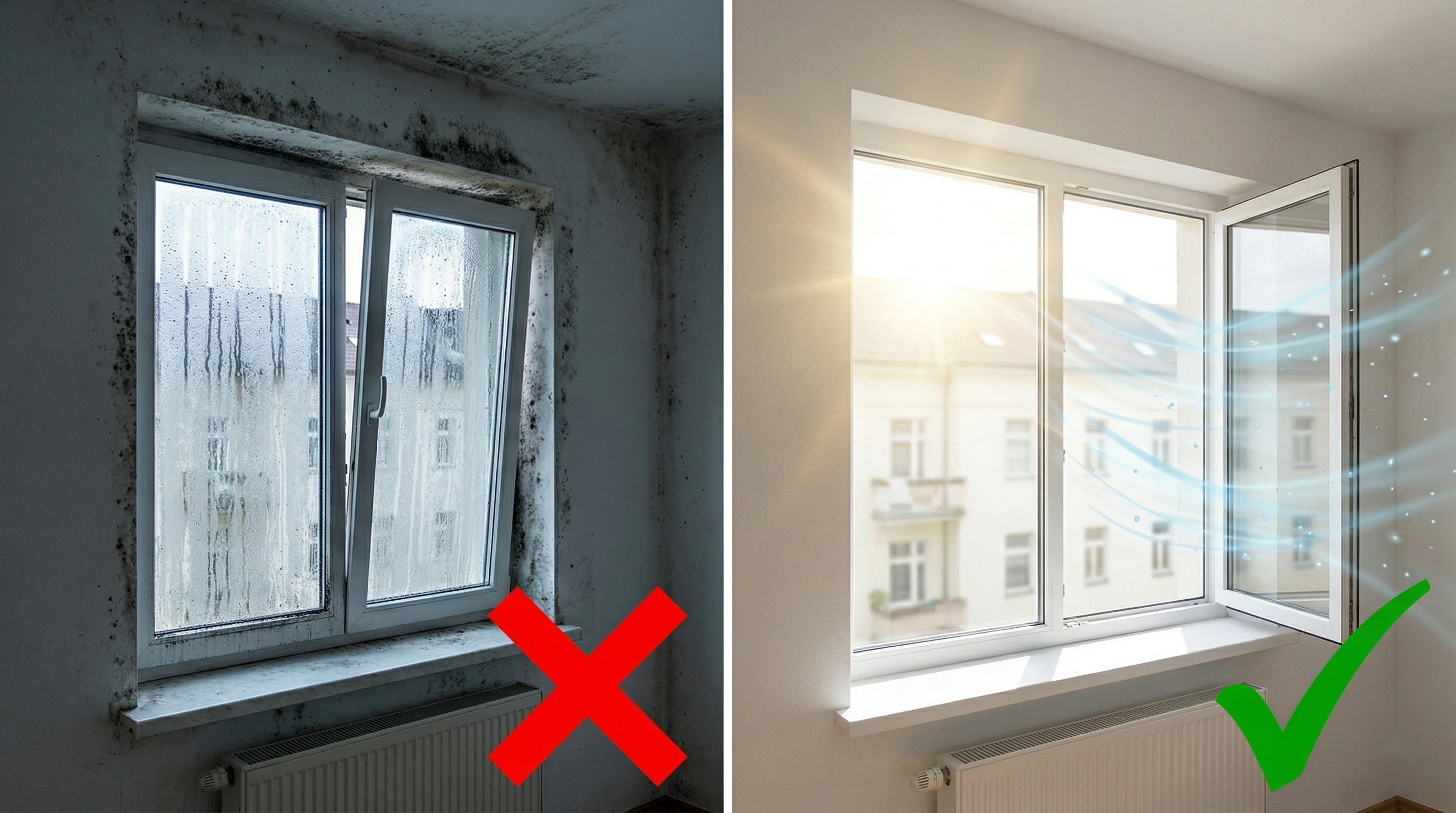 Vergleich: Gekipptes Fenster mit Schimmel vs. weit geöffnetes Fenster