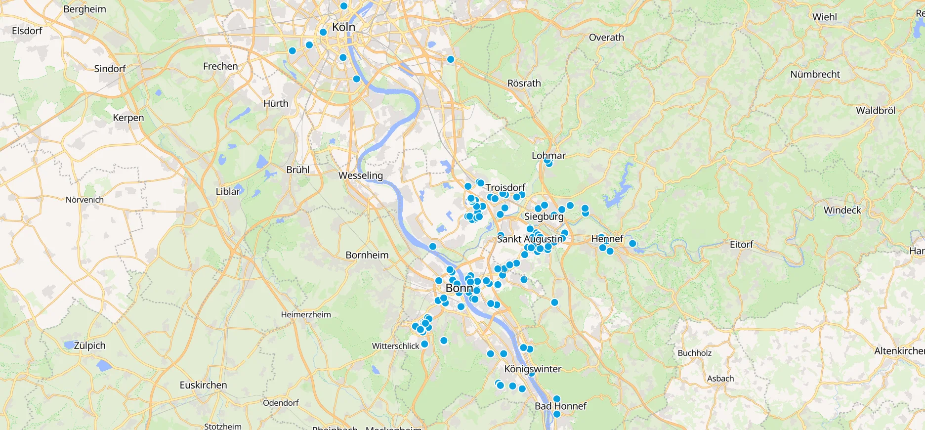 Karte der Projecta-Verwaltungsobjekte in der Region Köln / Bonn / Rhein-Sieg-Kreis